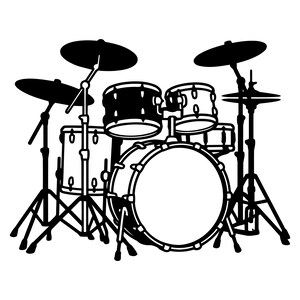 May include: A black and white graphic illustration of a drum kit featuring a large bass drum, two mounted toms, a floor tom, a snare drum, and three cymbals on stands. The design uses bold black lines and solid shapes to depict the musical instrument.