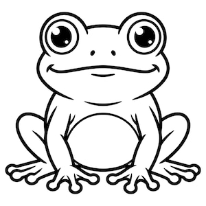 May include: A black and white line art illustration of a frog with large, round eyes and a wide, gentle smile. The frog is depicted in a seated position, facing forward with its front legs resting on the ground and webbed feet clearly visible.