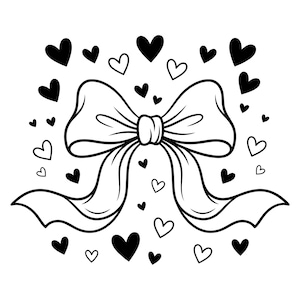 May include: A black and white line art illustration featuring a large central bow with flowing ribbons, surrounded by a scattered pattern of various solid black hearts and outlined heart shapes on a plain white background.