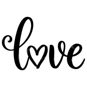 May include: A black graphic design featuring the word love written in a stylized, brush-stroke script font. The letter o is replaced by a hand-drawn heart shape, creating a continuous, flowing aesthetic with bold, dark lines against a white background.