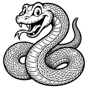 May include: A black and white line art illustration of a coiled snake with a cartoonish expression, wide eyes, and an open mouth showing fangs and a forked tongue. The snake features detailed scale patterns across its entire body and tail.