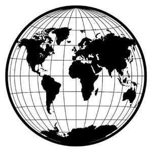 Peut inclure: Une illustration graphique circulaire en noir et blanc d'une carte du monde. Le design présente une silhouette noire contrastée des continents sur un fond blanc, superposée à une grille de fines lignes noires représentant la latitude et la longitude.