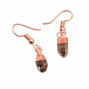 Op de afbeelding: Een paar hangende oorbellen met ruwe, doorschijnende bruine kristallen punten gevat in roségoudkleurig metaal. Elke oorbel hangt aan een bijpassende roségoudkleurige haak, wat de natuurlijke, ongepolijste textuur van de steen benadrukt.