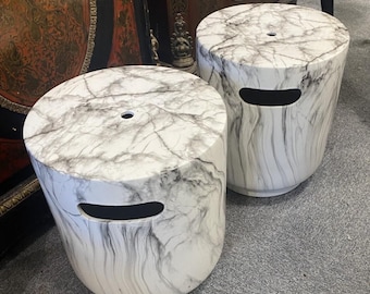 Round White Marble Carrara Effect Stool / Side Tables (5 Available)