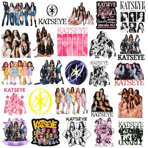 May include: A collection of stickers featuring the music group KATSEYE, including various group photos, individual portraits, anime-style illustrations, the group logo, and text elements like KATSEYE, Gnarly, and Beautiful Chaos in diverse styles.
