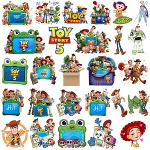 Può includere: Una collezione di adesivi digitali di Toy Story 5 con personaggi come Woody, Buzz Lightyear, Jessie e Rex. Le immagini includono varie scene con un tablet verde a forma di rana, il logo di Toy Story 5 e illustrazioni dei singoli personaggi.