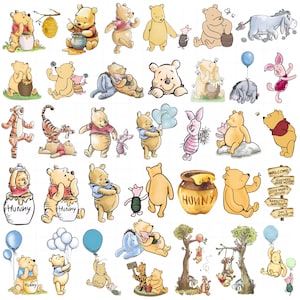 May include: A collection of watercolor-style illustrations featuring Winnie the Pooh, Piglet, Eeyore, and Tigger in various poses, including holding honey pots labeled HUNNY, balloons, and signs. The characters are depicted in soft yellow, pink, and blue tones.