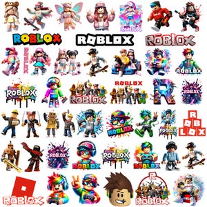Op de afbeelding: Een verzameling Roblox-stickers met diverse blokkerige personages, avatars en het Roblox-logo in verschillende kleurrijke stijlen, waaronder skateboarders, gamers en fantasiefiguren, allemaal weergegeven op een effen witte achtergrond.