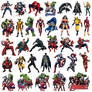 May include: A collection of colorful stickers featuring various comic book superheroes including Spider-Man, Captain America, Hulk, Iron Man, Batman, Wonder Woman, Wolverine, Black Panther, Thor, Deadpool, and Black Widow, with the Avengers logo.