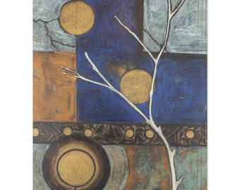 Betula #3 Art Print, Birch Branch Abstract Painting, Gold Moon & Blue Mixed Media Wall Art
