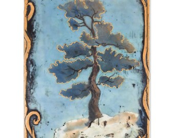 Ute Valley #2 - Art Print, Encaustic Tree Painting, Blue Gold Nature Wall Art