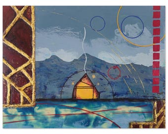 Home Art Print, Encaustic Mountain Landscape Painting, Glowing House Abstract Wall Art