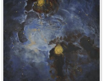 Lagoon Nebula Framed Art Print, Encaustic Space Painting, Blue Gold Celestial Wall Art