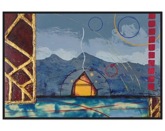 Home Art Print, Encaustic Mountain Landscape Painting, Glowing House Abstract Wall Art