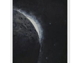 Lunar Sunrise Framed Art Print, Encaustic Moon Painting, Black & White Celestial Wall Art