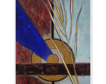 Grass #3 Abstract Painting, Blue Red Gold Mixed Media, Framed Art Print