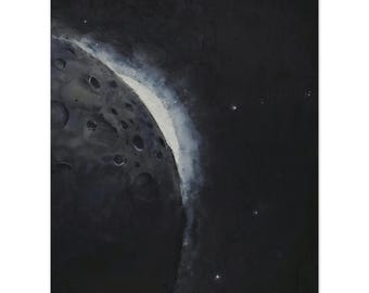 Lunar Sunrise Art Print, Encaustic Moon Painting, Black & White Celestial Wall Art