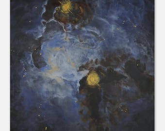 Lagoon Nebula Art Print, Encaustic Space Painting, Blue Gold Celestial Wall Art