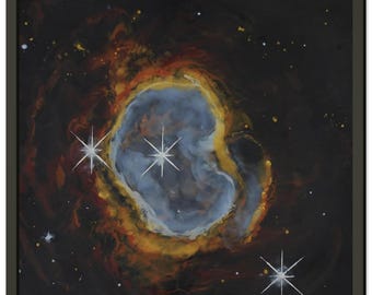 Ring Nebula Fine Art Framed Poster – Encaustic Space Art Print in Pine Wood Frame