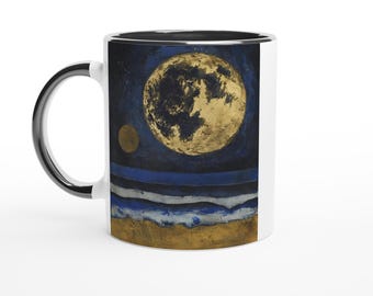Tide Bringer Mug, Gold Moon Ocean Art Coffee Mug, Celestial Beach Painting Mug, White 11oz Ceramic Mug with Color Inside Ceramic Black
