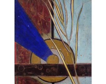 Grass #3 Art Print, Botanical Abstract Painting, Blue Red & Gold Mixed Media Wall Art