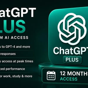 Può includere: Un grafico verde scuro con il testo ChatGPT PLUS PREMIUM AI ACCESS. Un elenco di funzionalità include l'accesso a GPT-4, risposte più rapide, accesso prioritario e prestazioni migliorate. Un'icona 3D mostra 12 MONTHS ACCESS.