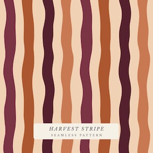 May include: A seamless pattern featuring vertical wavy stripes in alternating shades of dark burgundy, burnt orange, and light cream. A white rectangular label at the bottom displays the text HARVEST STRIPE SEAMLESS PATTERN in black.