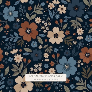 May include: A seamless pattern featuring a dark navy blue background with a floral design of flowers in shades of dusty blue, terracotta, and cream, accompanied by green leaves and small berries. The text MIDNIGHT MEADOW SEAMLESS PATTERN is centered.