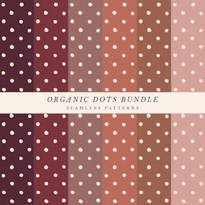 May include: A digital collection of six seamless patterns featuring organic, hand-drawn white dots on vertical stripes of varying shades of brown, ranging from dark espresso to light beige. The text reads ORGANIC DOTS BUNDLE SEAMLESS PATTERNS.