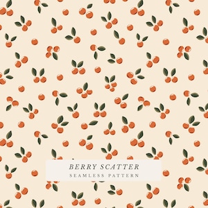 May include: A seamless pattern featuring a repeating design of small orange berries with dark green leaves on a light cream background. The text BERRY SCATTER SEAMLESS PATTERN is printed in black in the centre of the image over a white rectangle.
