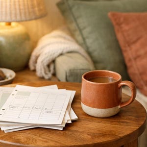 Pode incluir: Uma caneca de cerâmica com design bicolor, apresentando uma parte superior lisa na cor terracota e uma base na cor creme com pintas. A caneca está cheia de um líquido castanho e pousada numa mesa redonda de madeira junto a folhas de agenda.