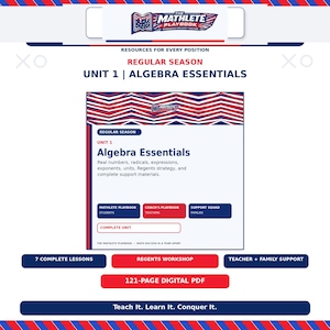 May include: A 121-page digital PDF educational resource titled The Mathlete Playbook Unit 1 Algebra Essentials. The cover features red and blue chevron patterns, text detailing real numbers, radicals, and exponents, plus sections for students, teachers, and families.