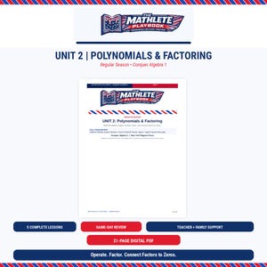 May include: A digital educational document titled The Mathlete Playbook Unit 2 Polynomials & Factoring. The white page features red and blue branding, text detailing student and teacher materials, and the phrase Operate. Factor. Connect Factors to Zeros.
