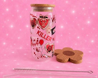 16-oz-Glasbecher – Horror-Slasher-Buchbecher mit Deckel, Strohhalm und Untersetzer