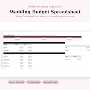 Op de afbeelding: Een digitaal spreadsheet-sjabloon voor een huwelijksbudget met de tekst Wedding Planning Made Simple en Wedding Budget Spreadsheet. De Excel-interface toont kolommen voor categorieën, budget, uitgaven en resterende bedragen.