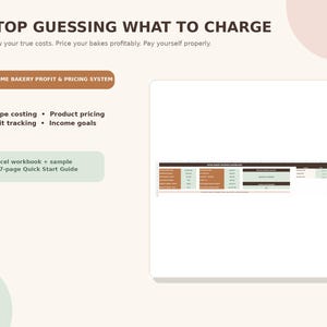 Op de afbeelding: Een digitaal winst- en prijssysteem voor thuisbakkerijen met een Excel-werkmap, voorbeeld en een snelstartgids van 7 pagina's. De tekst bevat: STOP GUESSING WHAT TO CHARGE, Know your true costs. Price your bakes profitably. Pay yourself properly.