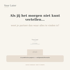 May include: A digital document titled Voor Later Starter featuring the text Als jij het morgen niet kunt vertellen... weet je partner dan waar alles te vinden is? It includes 12 practical pages and safety information for personal organization.