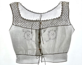 Antique handmade French white cotton corset cover with richelieu lace and crochet lace monogram M - 64 cm tiny waist