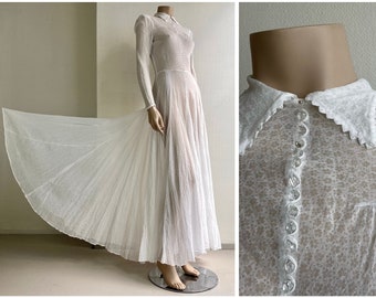 Beautiful 1930s semi sheer wedding dress with collar and glass multi faceted buttons