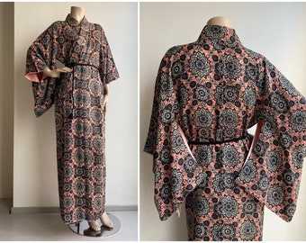 Antieke Japanse crêpe zijden kimono met abstract bloemenpatroon, jaren 30