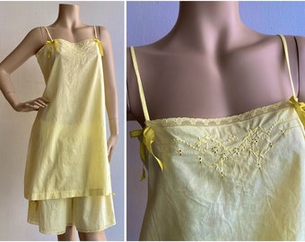 Pretty hand sewn cotton light yellow embroidered 1930s camisole and tap pants lingerie set