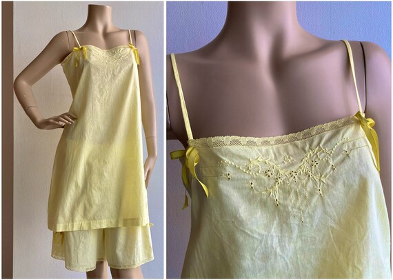 Pretty hand sewn cotton light yellow embroidered … - image 1