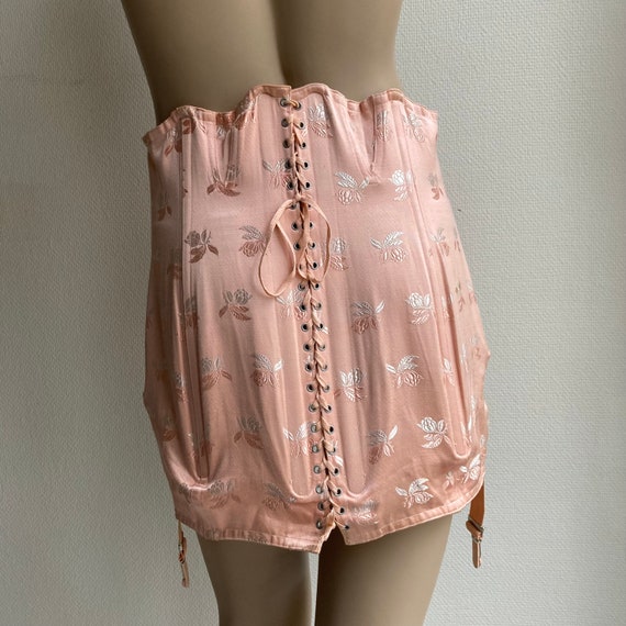 Vintage 50s salmon satin boned pink lace-up, butt… - image 2