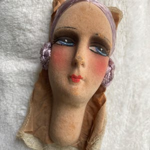 Antique 1920s sofa boudoir flapper doll head flocked with lilac hair