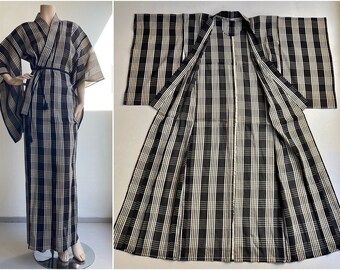 Antique handstitched Japanese silk organdy kimono checkered pattern in black and cream