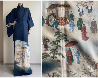 Vintage Japanse zijden kimono in blauwgroen blauw met dorpstafereel in gouddraad