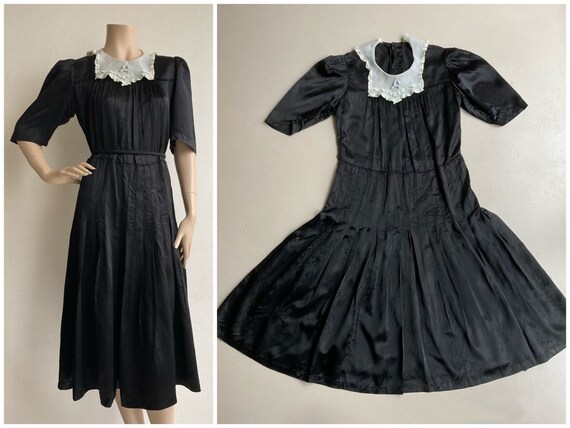 Cute Black Satin Rayon 1930s Pleated Dress With Silk Collar in | Etsy