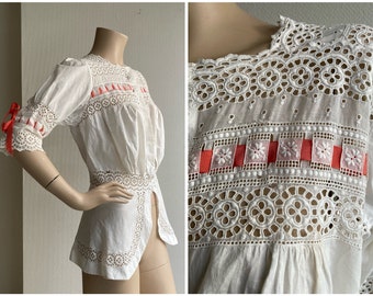 Antique cotton lingerie blouse with broderie Anglaise, peplum and ribbon, small monogram MZ - 76 cm waist