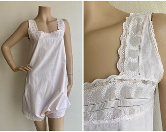 Antique light pink cotton drop waist onesie teddy with cotton lace