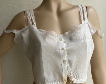 Unique handmade antique French thin cotton Edwardian top with fine lace straps and M Marthe monogram